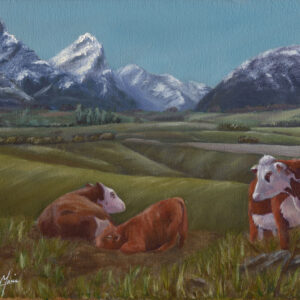 This artwork captures the tranquil beauty of Paradise, Glenorchy, New Zealand, where cows graze peacefully against towering mountains. Muted tones and soft light bring the lush pastures and majestic peaks to life, evoking a sense of harmony and serenity.
