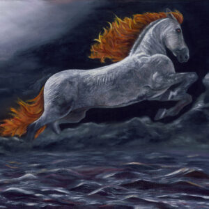 This powerful artwork, inspired by Psalm 18:6-11 and Revelation 19:11-12, portrays a brilliant white horse with flaming eyes emerging from dark, tumultuous waters.