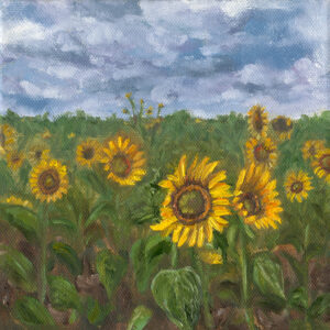This striking impasto oil painting on a gallery-style canvas captures the radiant beauty of a sunflower field bathed in golden sunlight. Bold, textured brushstrokes bring depth and movement to the piece, with each petal and leaf meticulously crafted in rich color. The bright, sun-kissed hues evoke a sense of warmth and inspiration, drawing from Matthew 5:16, which encourages us to “let your light shine before others, that they may see your good deeds and glorify your Father in heaven.”